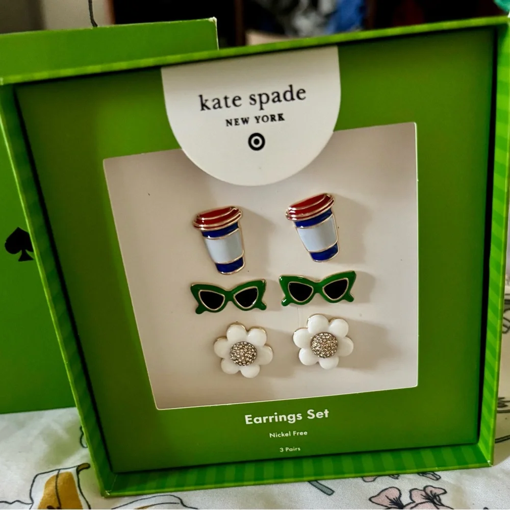 Kate Spade Colorful Earrings Set with Coffee Cup, Sunglasses, and Flower - Picture 2 of 5